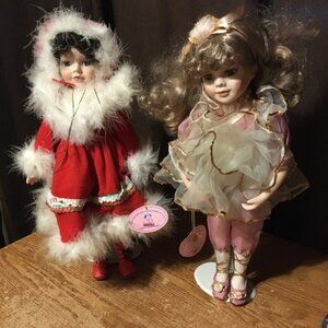 2X J.MISA COLLECTION PORCELAIN DOLLS BROOKE MABI REC COAST CHRISTMAS PINK DRESS